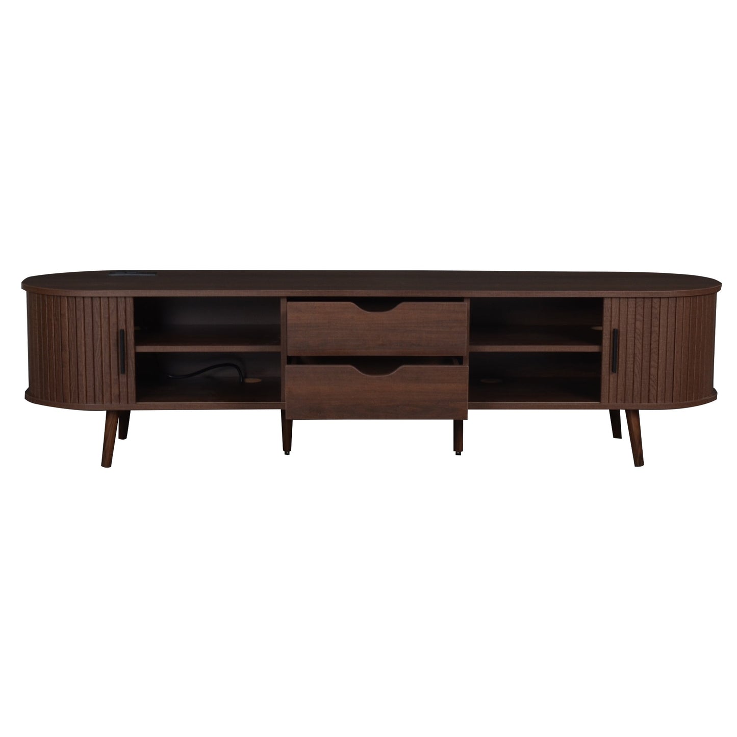 TV Stand Mid-Century Dark Brown MDF Tambour Door 2 AC 2 USB Fits 80 In TV