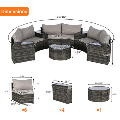 11 Piece PE Rattan Outdoor Sectional Set Light Gray