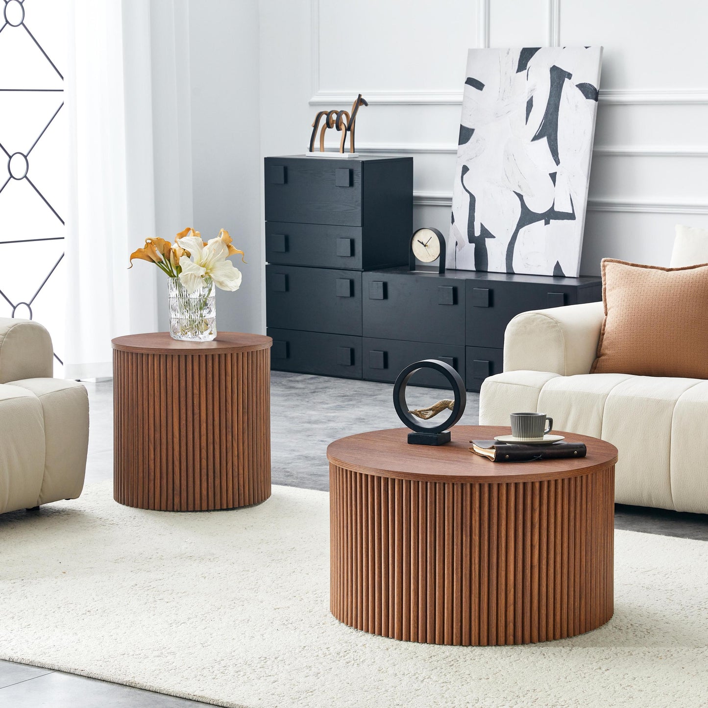 2-Piece Nesting Coffee Table Set, Roman Column MDF Round, Built-in Storage