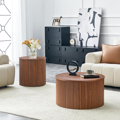 2-Piece Nesting Coffee Table Set, Roman Column MDF Round, Built-in Storage