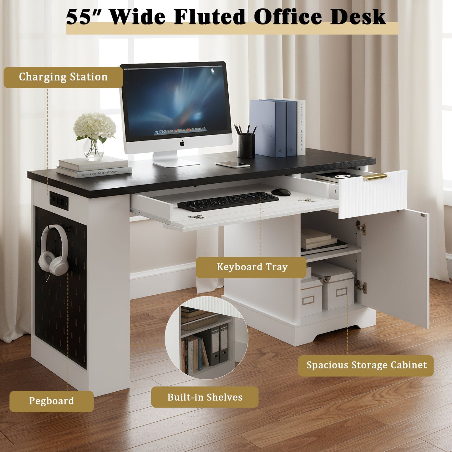 55' Modern Fluted Office Desk with Storage Cabinet and Drawers, Computer Writ...