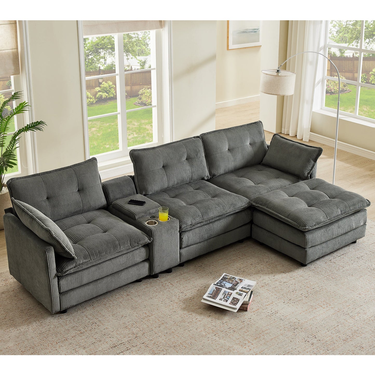 Sectional Sofa L-Shape Corduroy Gray 4 Seat USB Ports Ottoman 119 In