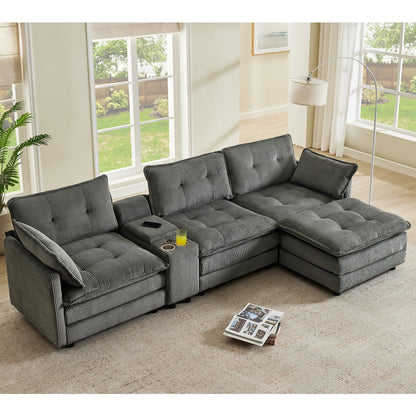 Sectional Sofa L-Shape Corduroy Gray 4 Seat USB Ports Ottoman 119 In