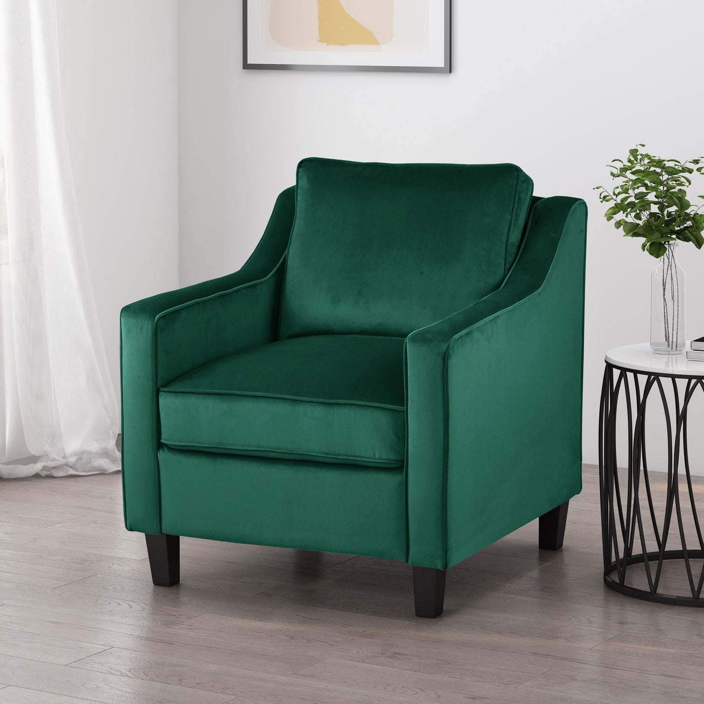 Club Chair Contemporary Velvet Green Birch Legs 31x34x34 In Tonal Piping