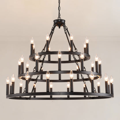 Chandelier Wagon Wheel 3-Tier 36-Light Black Metal 39.37 In Industrial