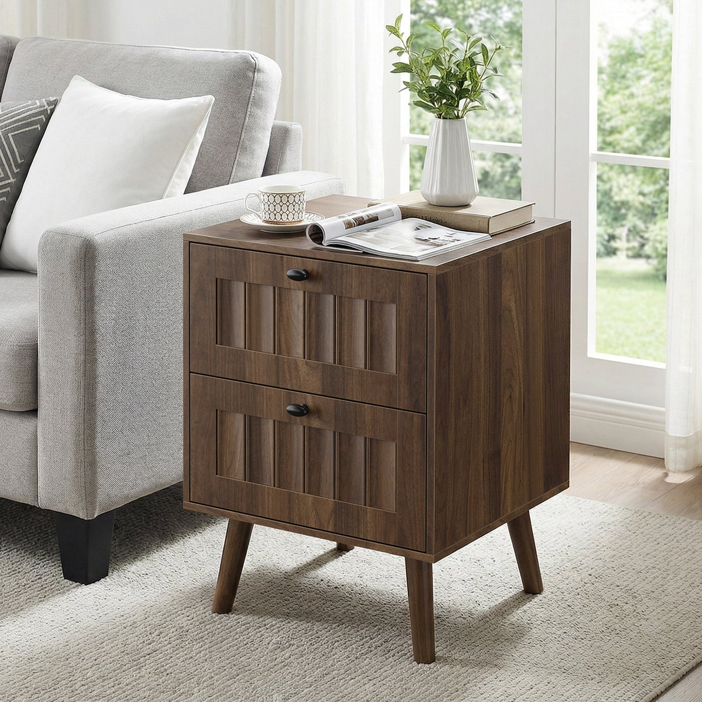 Double Drawer Bedside Table, Solid Wood Legs, Walnut, 15.75x15.75 in, 2-Pack