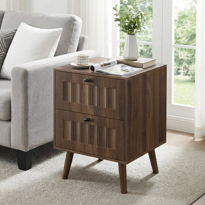 Double Drawer Bedside Table, Solid Wood Legs, Walnut, 15.75x15.75 in, 2-Pack