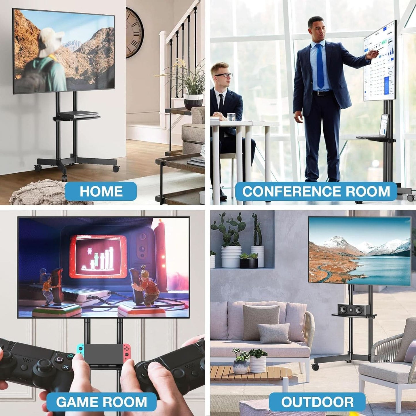 Rolling TV Stand 32-75 Inch With Height Adjustable Shelf