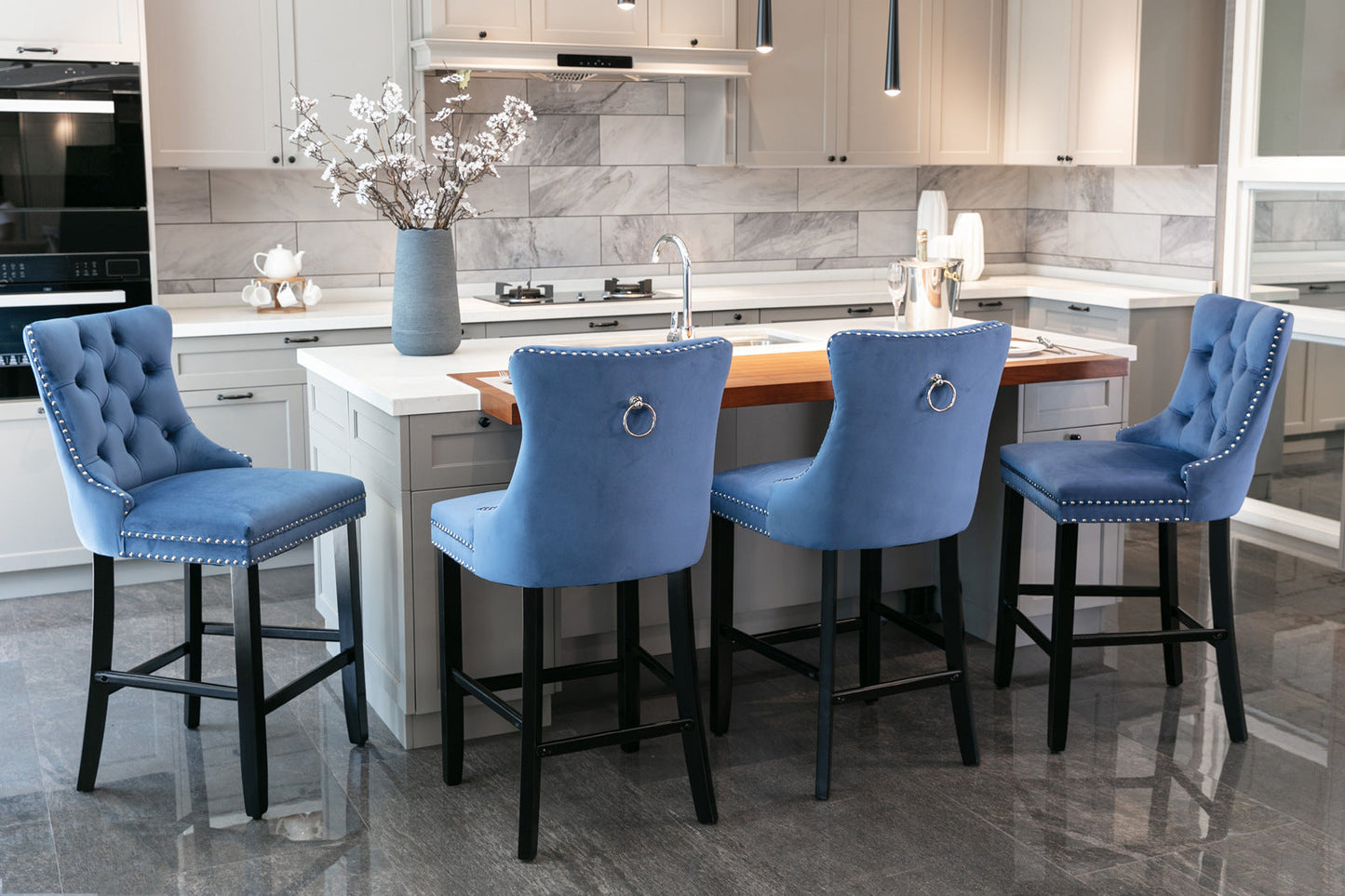 Contemporary Velvet Upholstered Barstools Button Tufted with Wooden Legs Set of 2, Blue