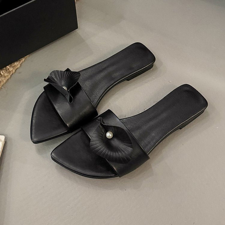 Calla Lily Design Vacation Style Genuine Leather Floral Slip On Sandals, Women Round Toe Special Mid Heel Real Leather Outdoor Slippers For Summer