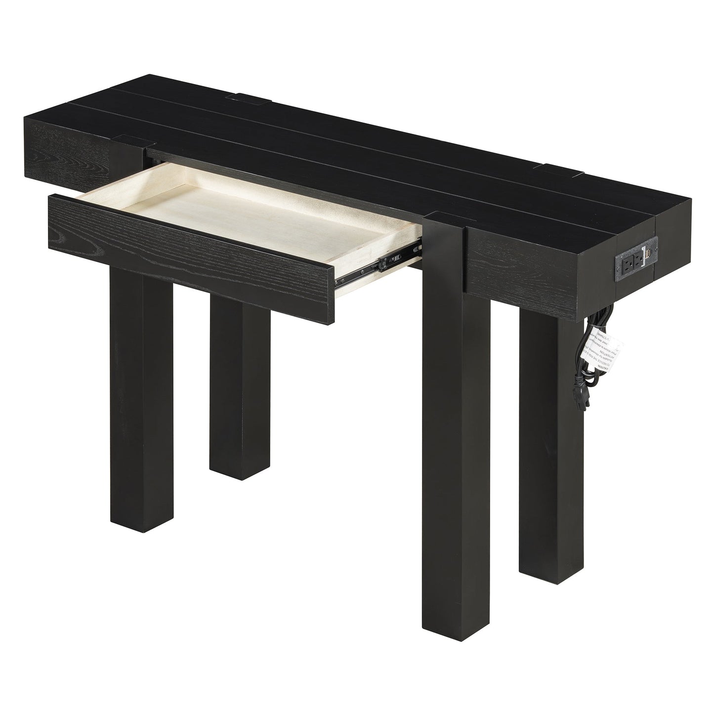 Rustic Console Table, Hidden Drawer, Side Power Outlet, Entryway Table, Black