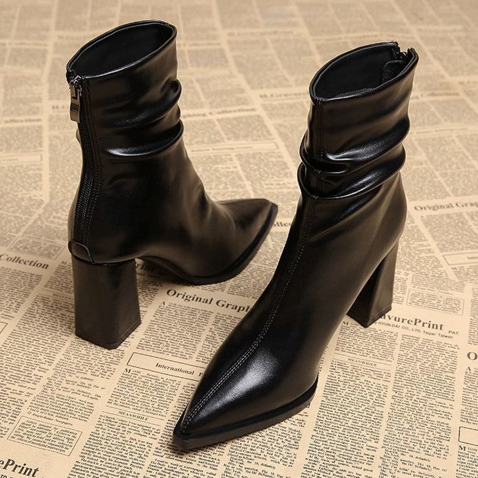 Pointed-toe Velvet-lined Warm High-heeled Boots For Women