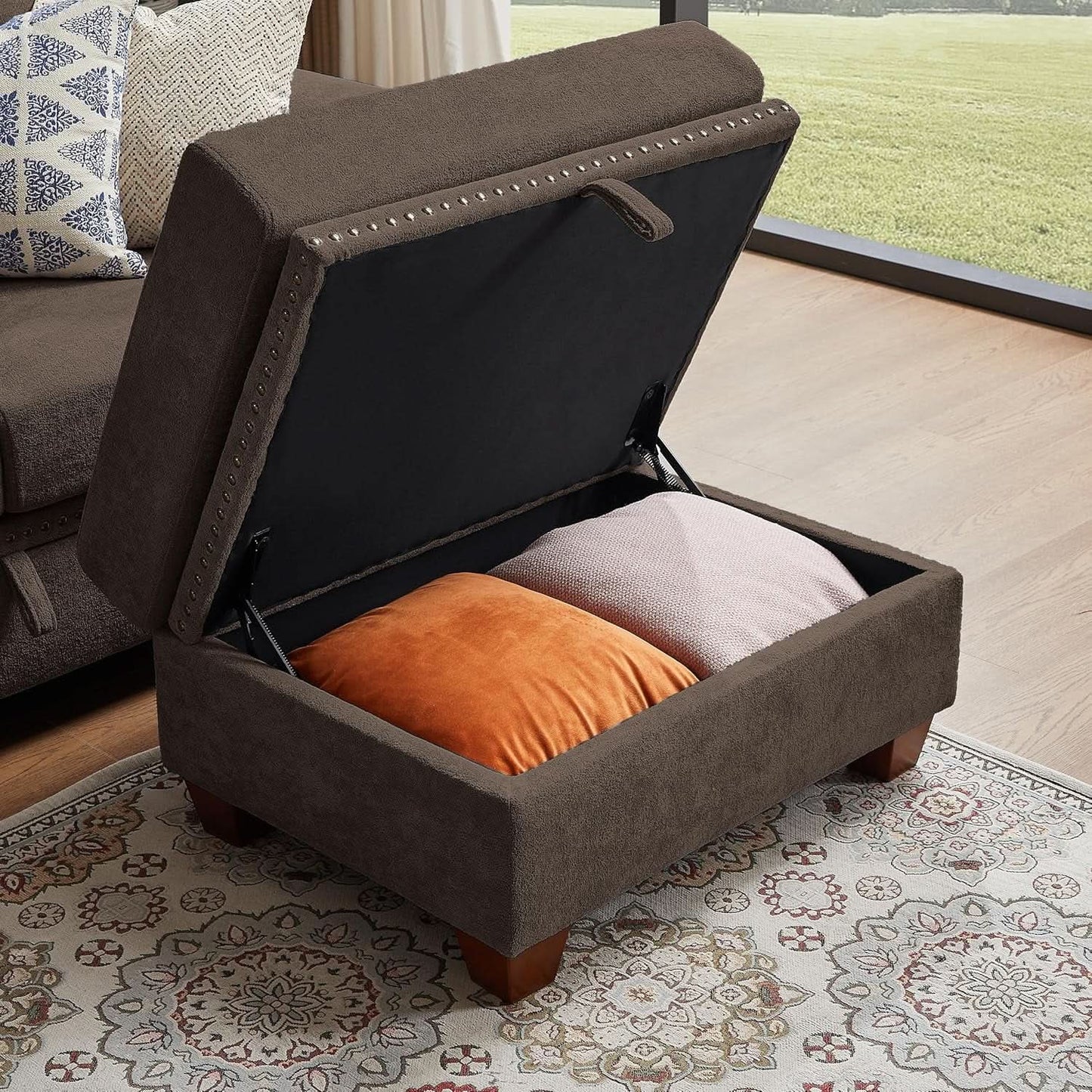 110 Inch Convertible Sectional Sofa With Storage Microfiber L Shaped Couch Ottoman Cup Holders