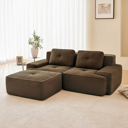 Sectional loveseat L-Shape Corduroy Brown 2 Seat Modular with Ottoman 82 In
