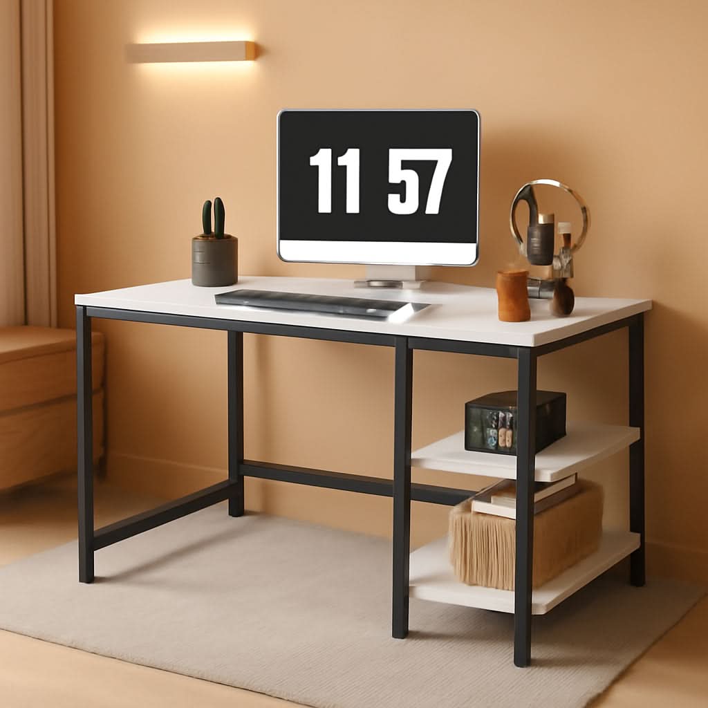 40 Inch White Computer Desk With 2 Tier Shelves Home Office