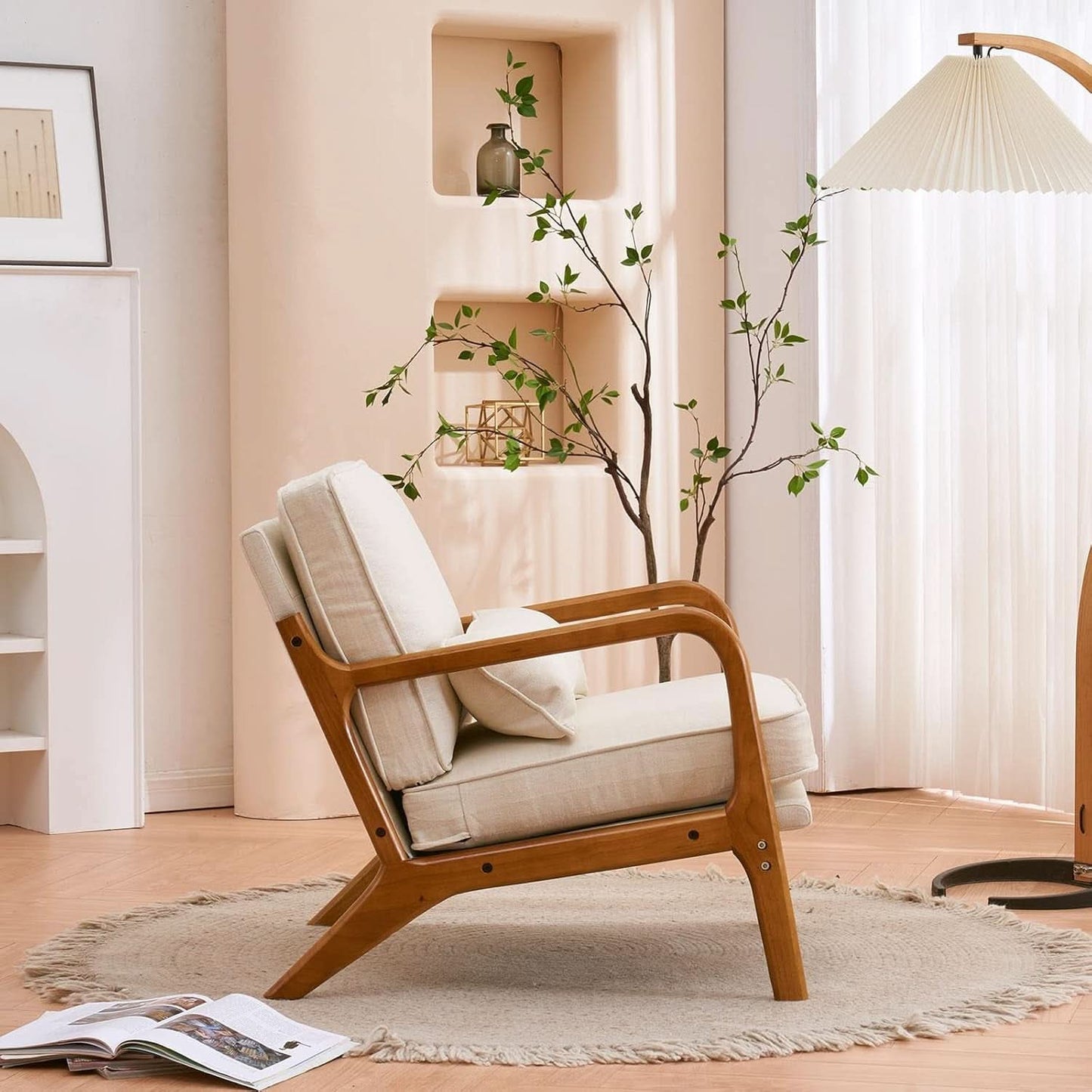 Beige Linen Fabric Mid Century Upholstered Accent Chair