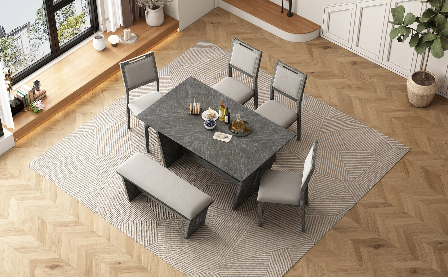 6-Piece Retro Dining Table Set for 6, 60' Wood Kitchen Table and Chairs Set of