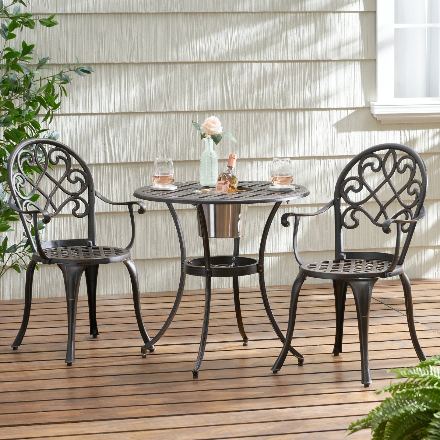 Outdoor Bistro Set Cast Aluminum Copper 3 Piece Ice Bucket Table 2 Chairs