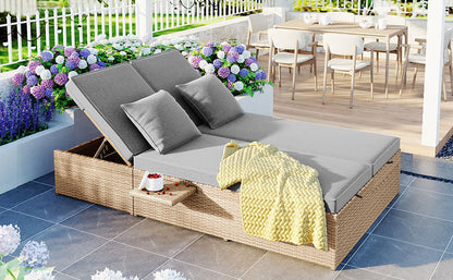 Outdoor Double Sunbed, Wicker Rattan Patio Reclining Chairs with Adjustable