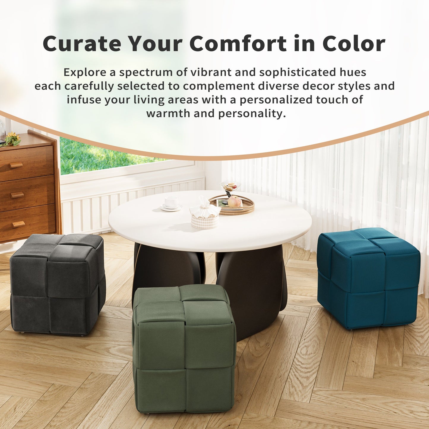 Square Corduroy Ottoman Foot Rest with Soft Comfort and Sturdy Design in Blue,