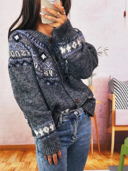 Geometric Pattern Button Up Long Sleeve Cardigan
