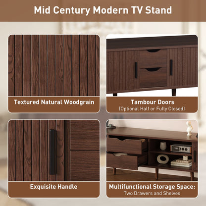 TV Stand Mid-Century Dark Brown MDF Tambour Door 2 AC 2 USB Fits 80 In TV