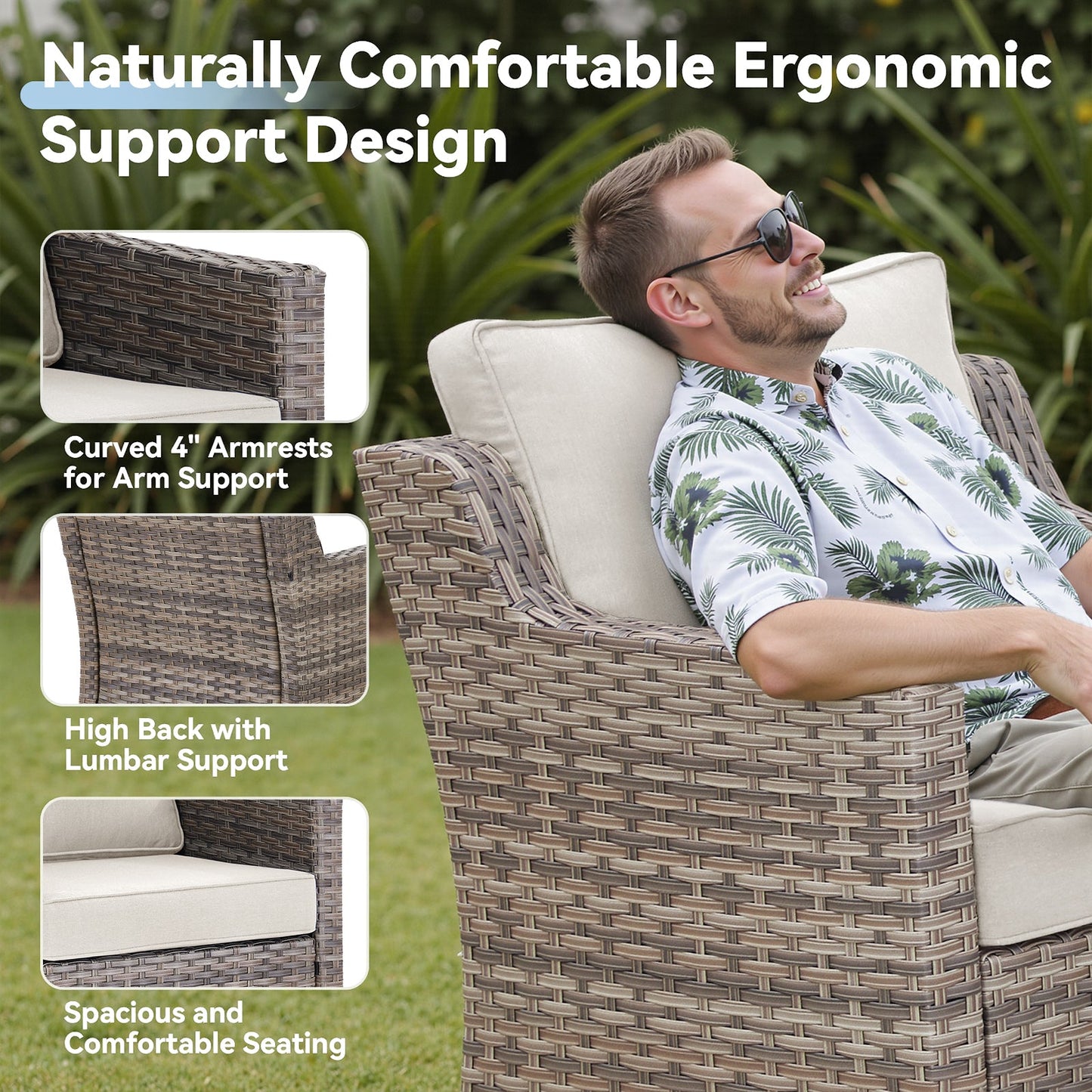 Outdoor PE Rattan Sofa Set 3 Seat Gray Beige Cushions