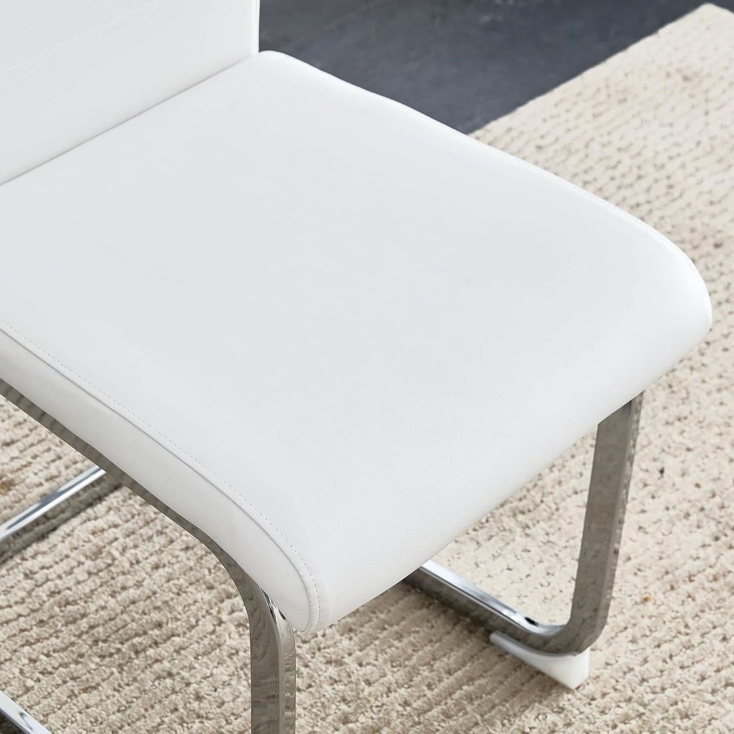 White PU Leather Dining Chair Set High Back Upholstered