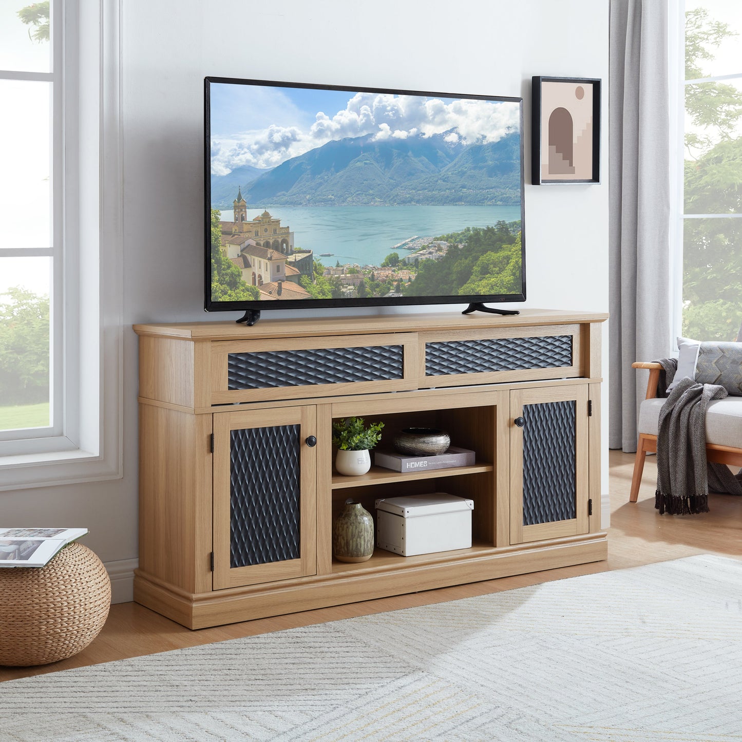 TV Stand Farmhouse Light Oak MDF Embossed Doors 3-Shelf Fits 65 In TV 58.27 In