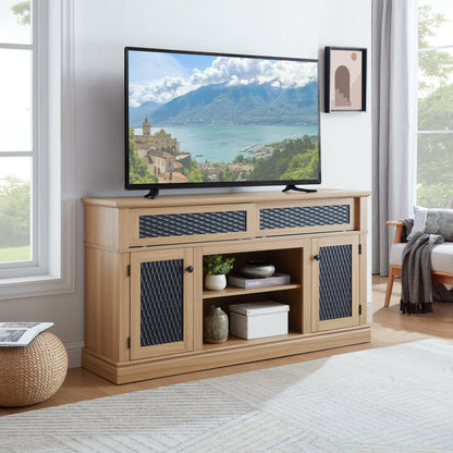 TV Stand Farmhouse Light Oak MDF Embossed Doors 3-Shelf Fits 65 In TV 58.27 In
