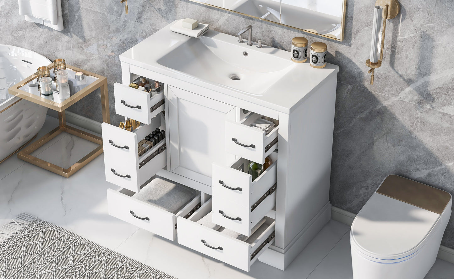 36' Bathroom Vanity with Sink Combo, Six Drawers, Multi-Functional Drawer Div...