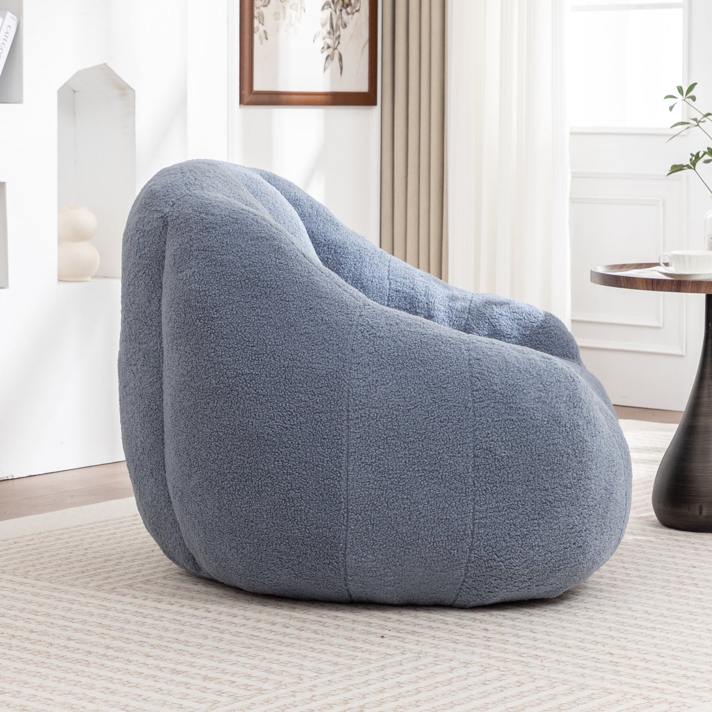 Bean Bag Chair Plush Faux Fur Light Blue Memory Foam Ergonomic Armrests 37.4 In