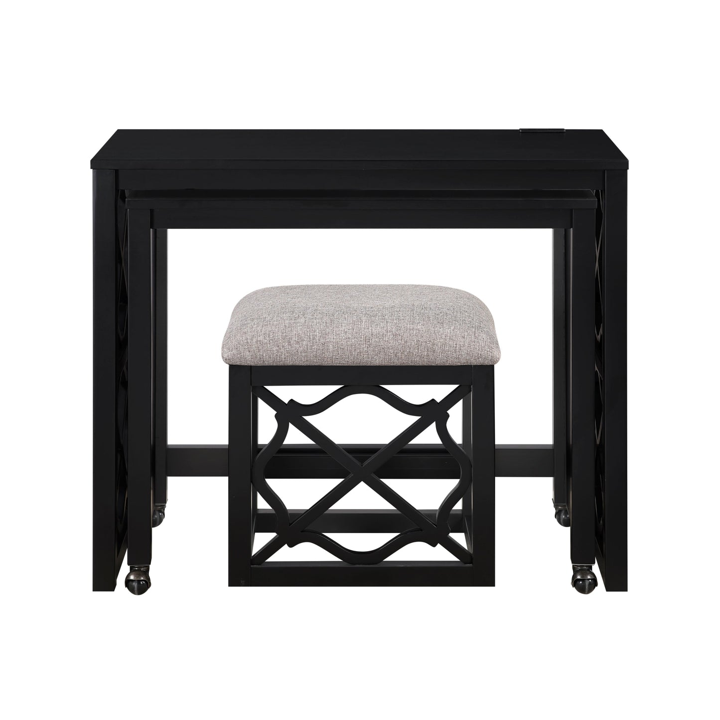 Desks and Stool Set 3pc Black Finish Rolling Desk with Casters, 2 Charging ports Home Office Furniture