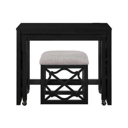 Desks and Stool Set 3pc Black Finish Rolling Desk with Casters, 2 Charging ports Home Office Furniture