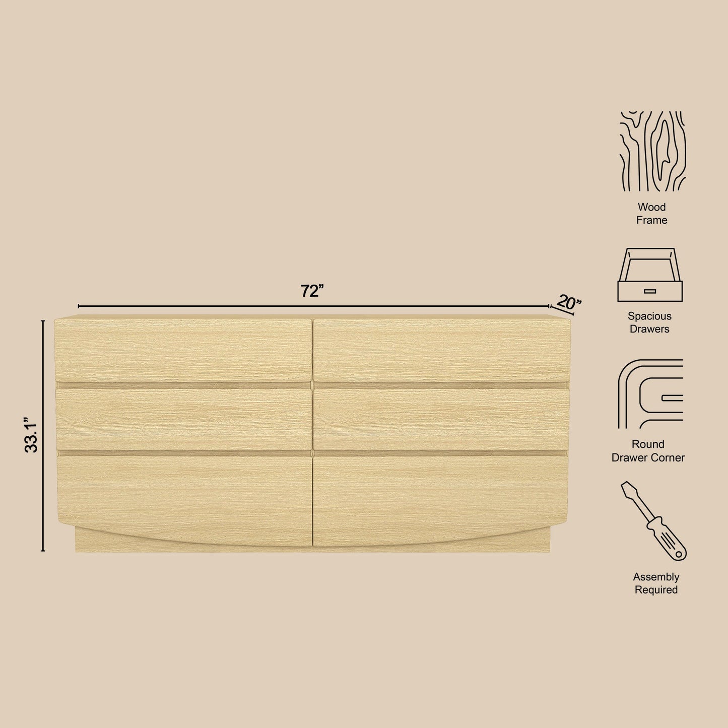 Dresser Minimalist 6-Drawer Oak MDF Handleless Wood Grain 72x20 In