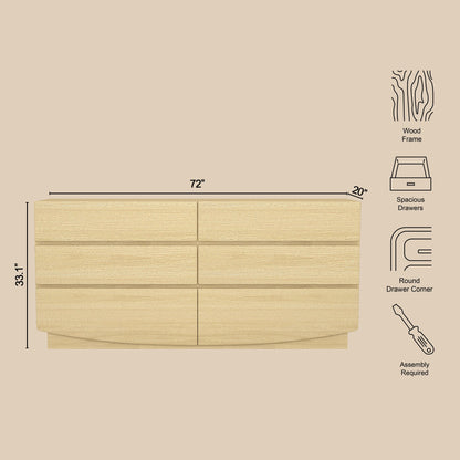 Dresser Minimalist 6-Drawer Oak MDF Handleless Wood Grain 72x20 In