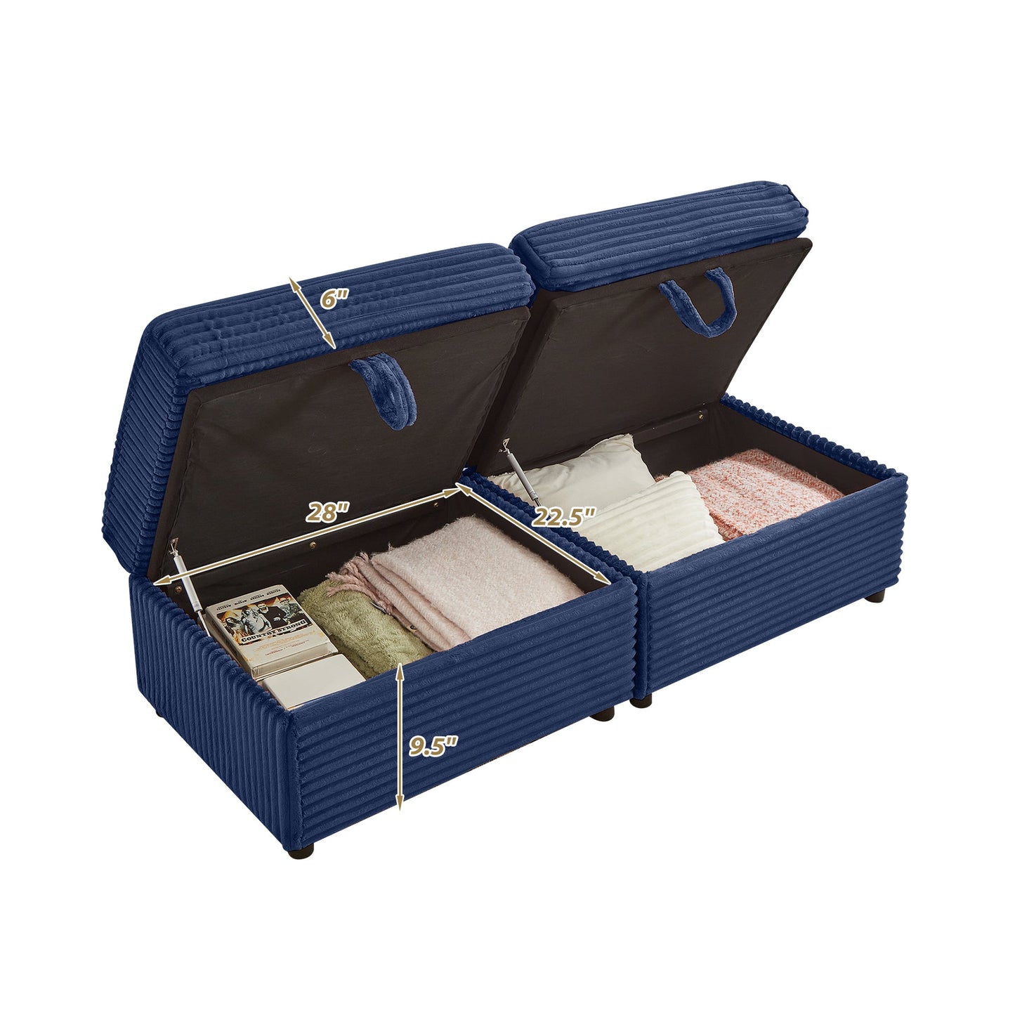 Convertable Loveseat L-Shape Corduroy Blue Storage Chaise 2 Ottomans USB 69 In