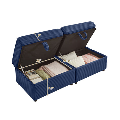 Convertable Loveseat L-Shape Corduroy Blue Storage Chaise 2 Ottomans USB 69 In