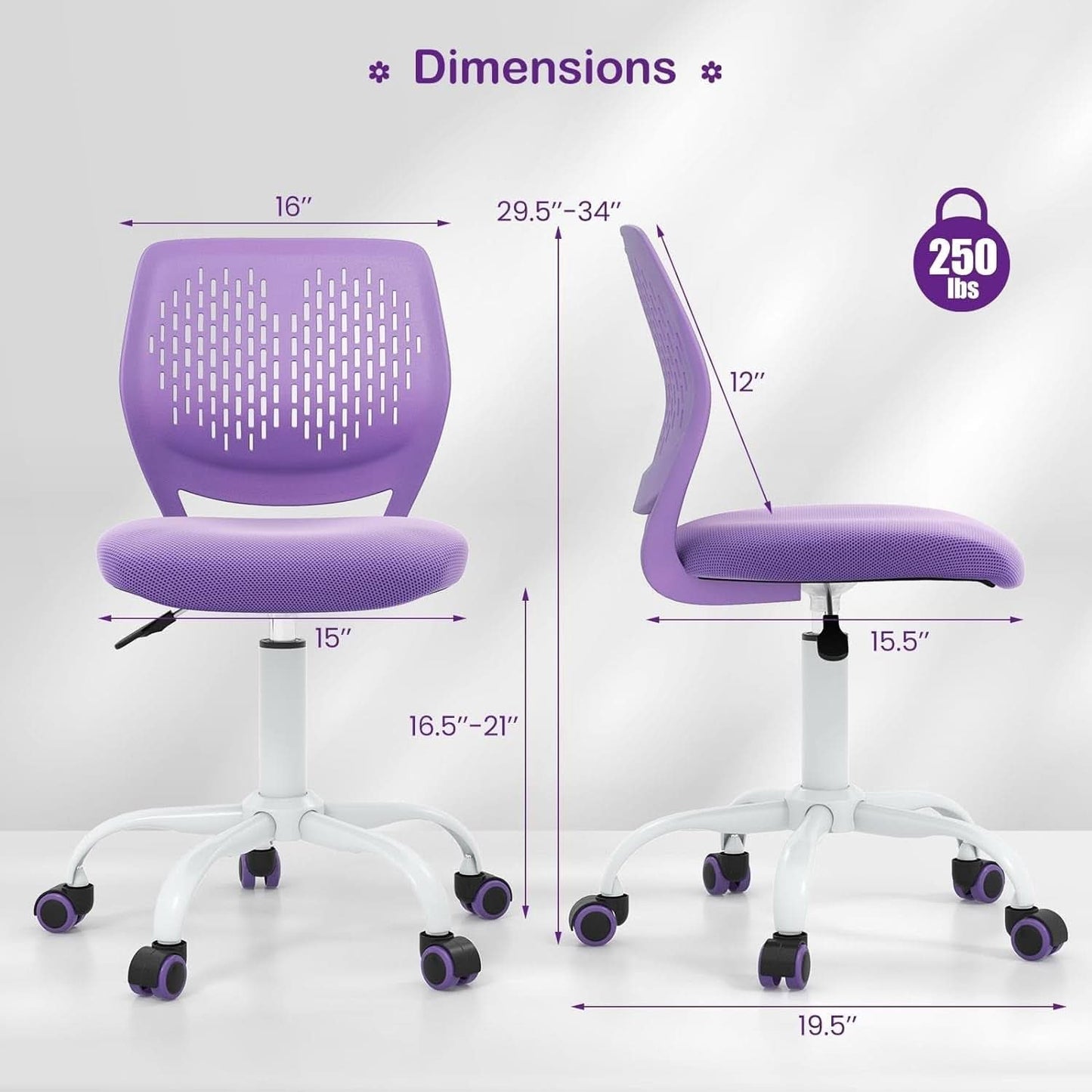 Purple Kids Desk Chair Lumbar Support Height Adjustable