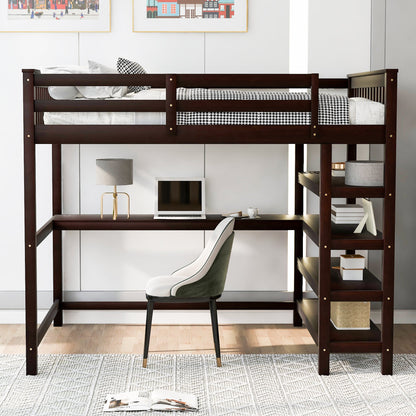 Espresso Full Size Loft Bed with Storage Shelves and Under-bed Desk, Solid Pi...