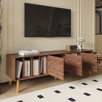 Mid-Century Walnut TV Stand 80" Push-Pop Doors MDF Wood
