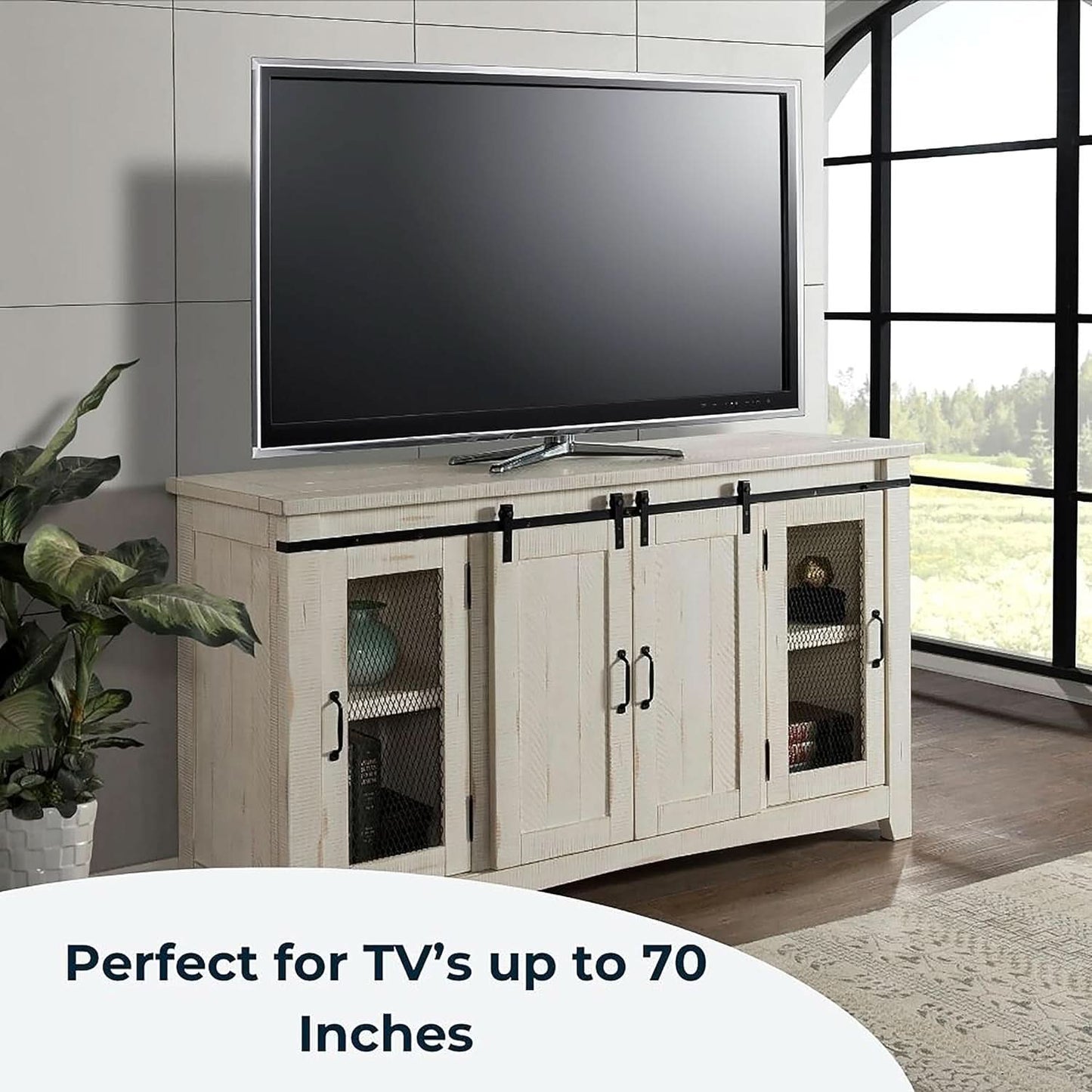 65 Inch Solid Wood TV Stand In Antique White With Storage