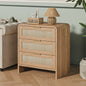 Rattan Nightstand with 3 Drawers, 22.8 in Wide, Curved Wood, Caramel Oak