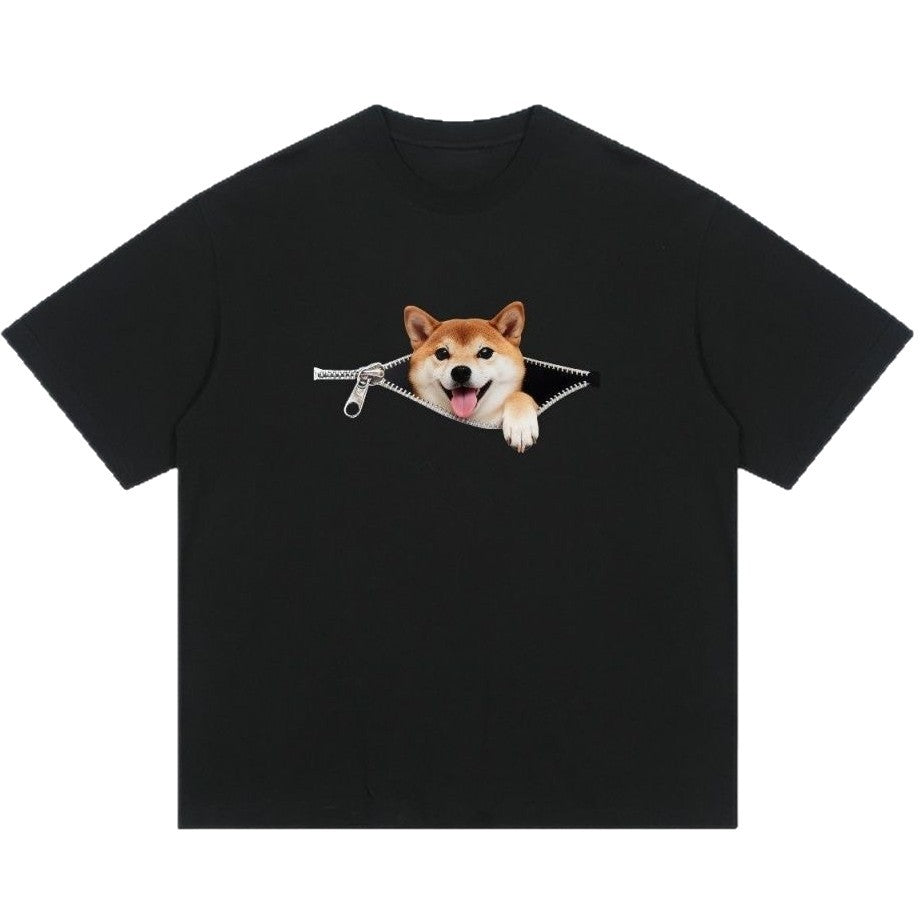 Plus-size Cotton Zip-up Dog-print Casual Summer Couple T-shirts