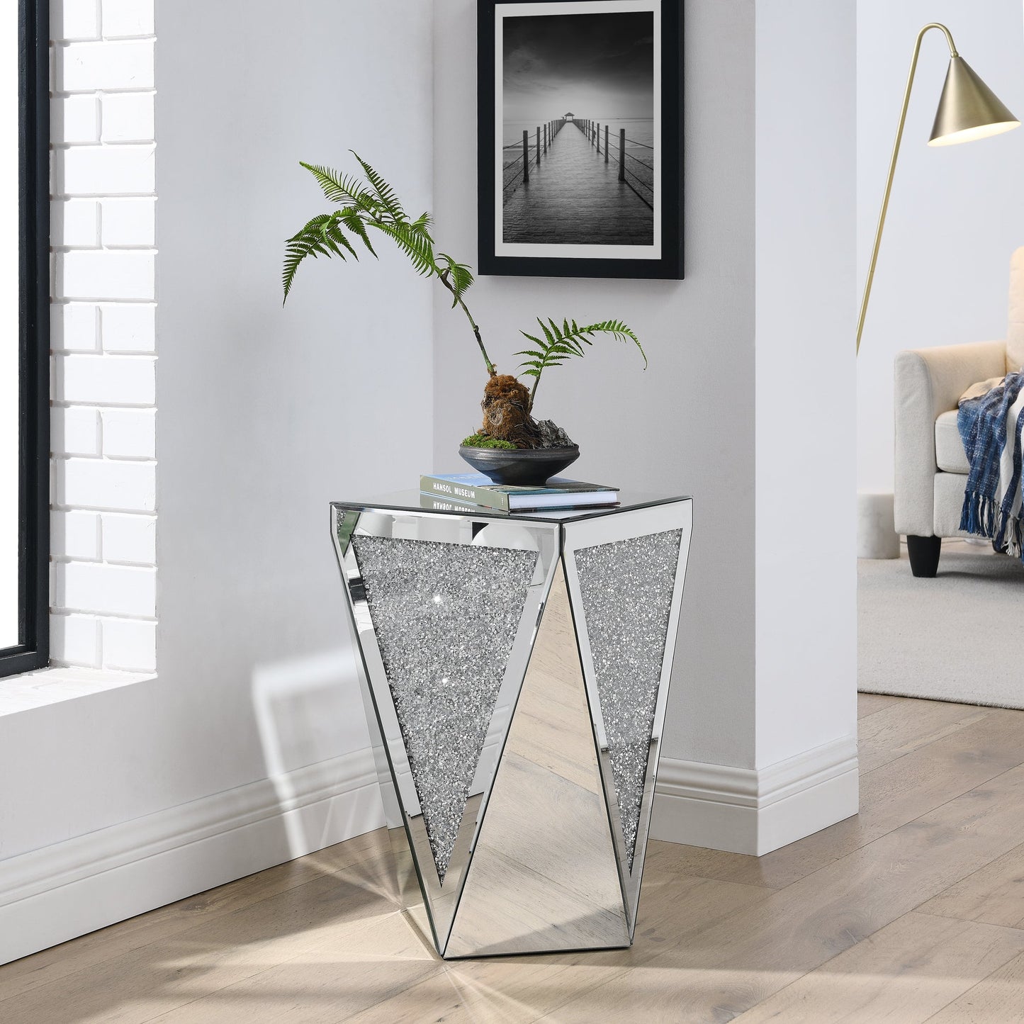 Inverted Triangle Mirror Coffee Table, Crystal Diamond Inlaid, Silver Glass