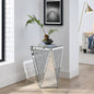 Inverted Triangle Mirror Coffee Table, Crystal Diamond Inlaid, Silver Glass