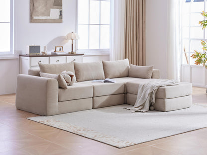 Sectional Sofa L-Shape Fabric Camel 4 Seat 100 In 5 Pillows No Assembly