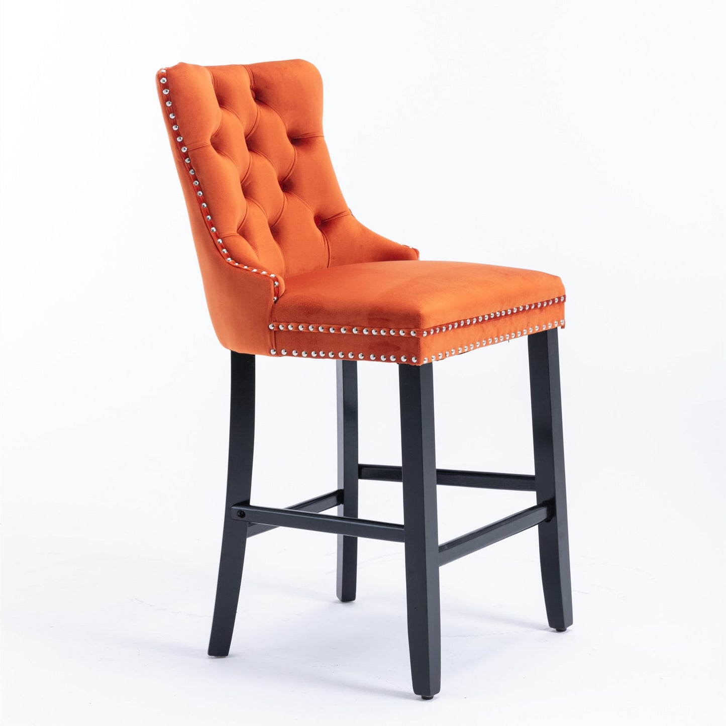 Velvet Upholstered Barstool Set of 2, Button Tufted, Chrome Nailhead, Orange