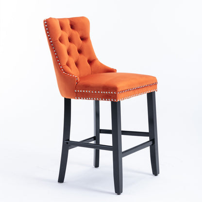 Velvet Upholstered Barstool Set of 2, Button Tufted, Chrome Nailhead, Orange