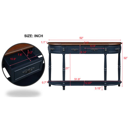 Retro Half-Moon Console Table with 2 Drawers & Open Shelf | 52" Curved Solid Wood Sofa Table — Navy Blue & Brown